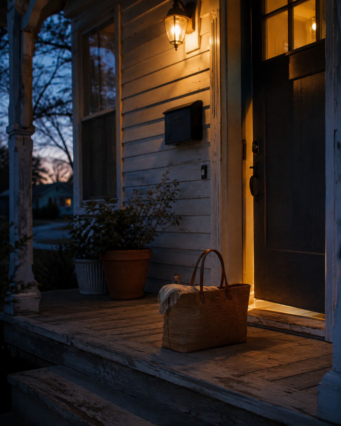 A front porch at dusk, ready for an evening visit