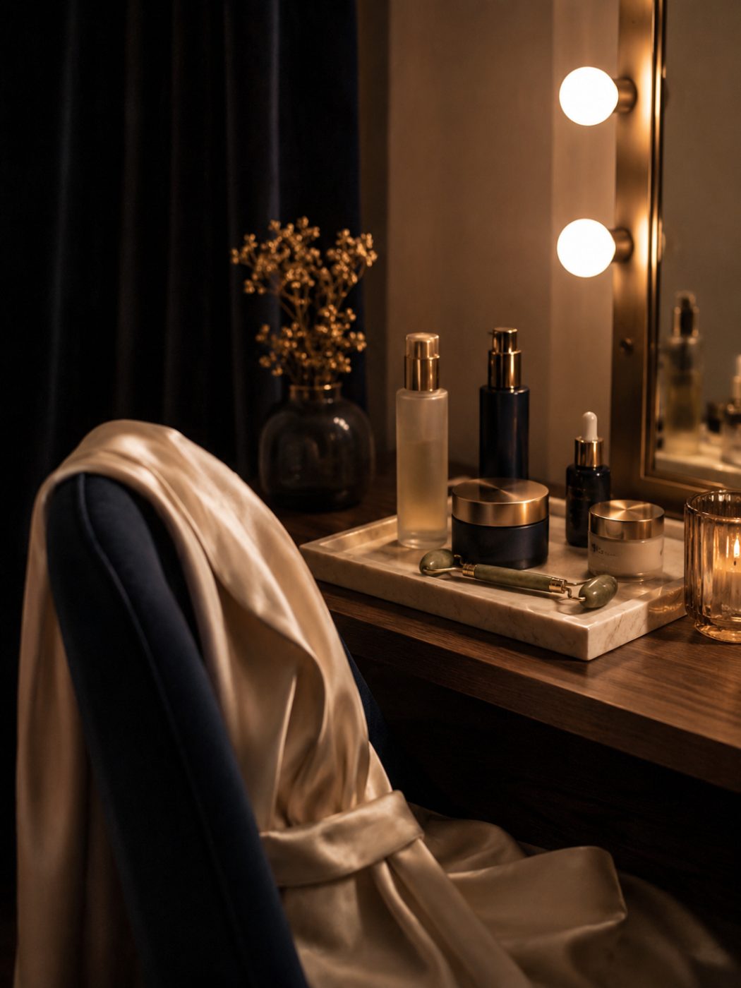 An evening glow routine at the vanity