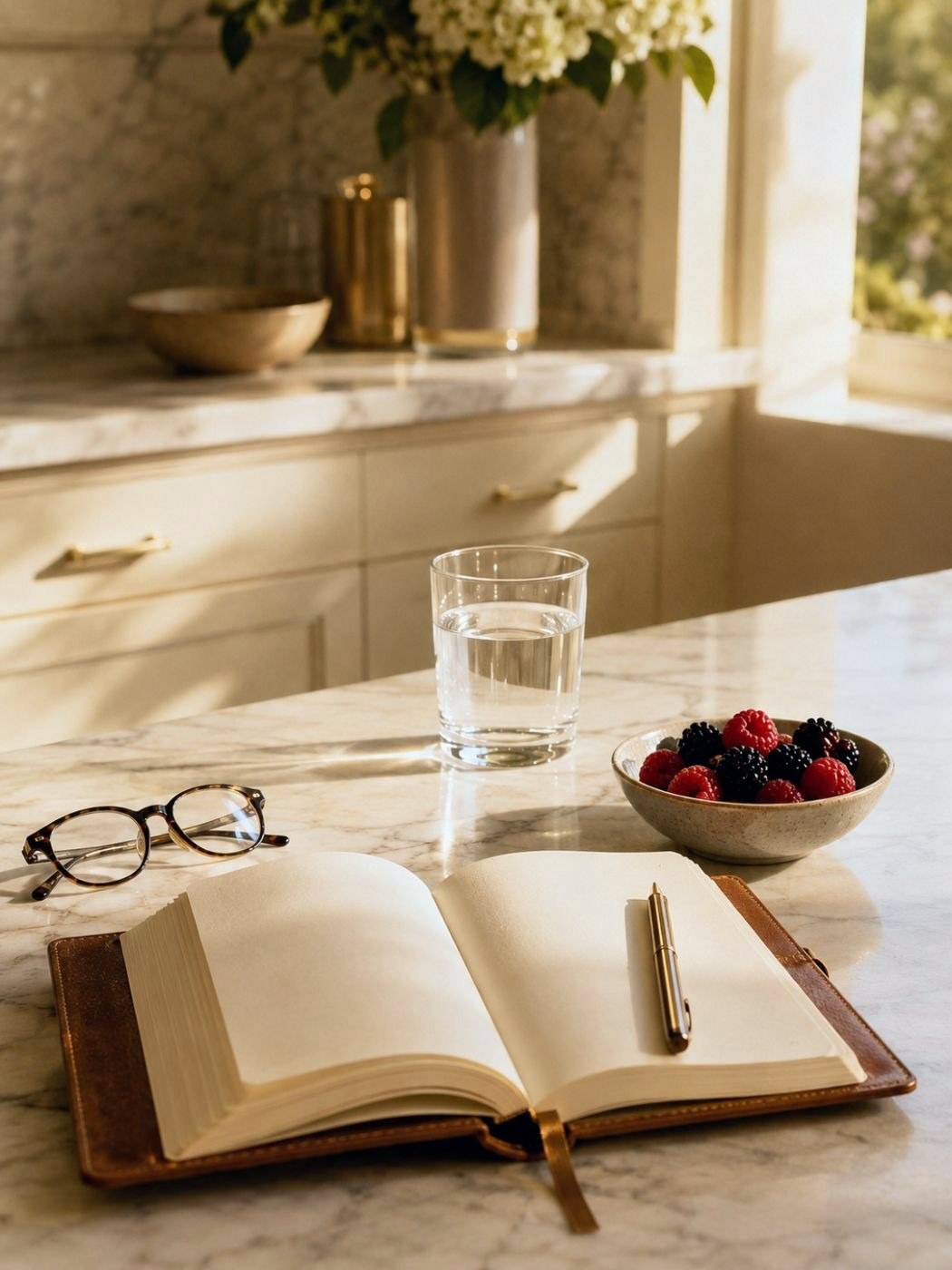 A quiet morning: journal, water and fresh berries