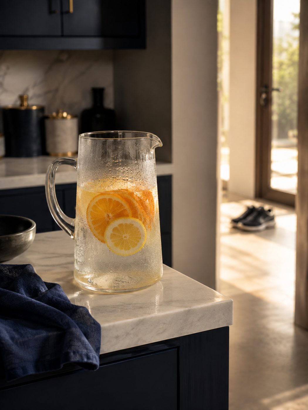 Cold citrus water and running shoes, ready for the day
