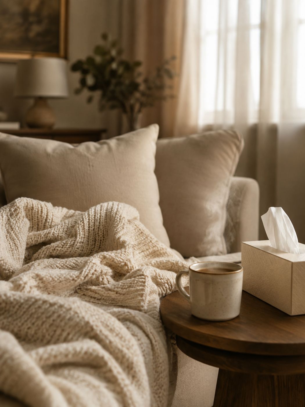 Tea, a blanket and tissues on the couch