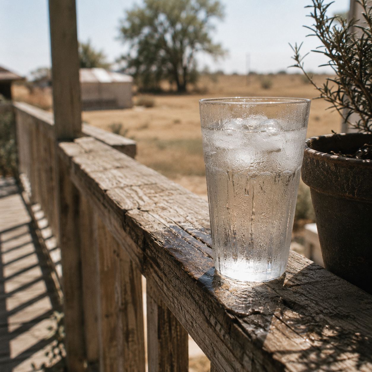 Ice water on a porch rail on a hot Oklahoma day